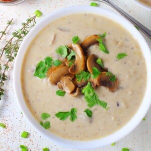 A close-up photo with Mediterranean mushroom and leek soup.