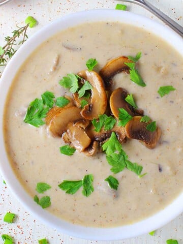 A close-up photo with Mediterranean mushroom and leek soup.