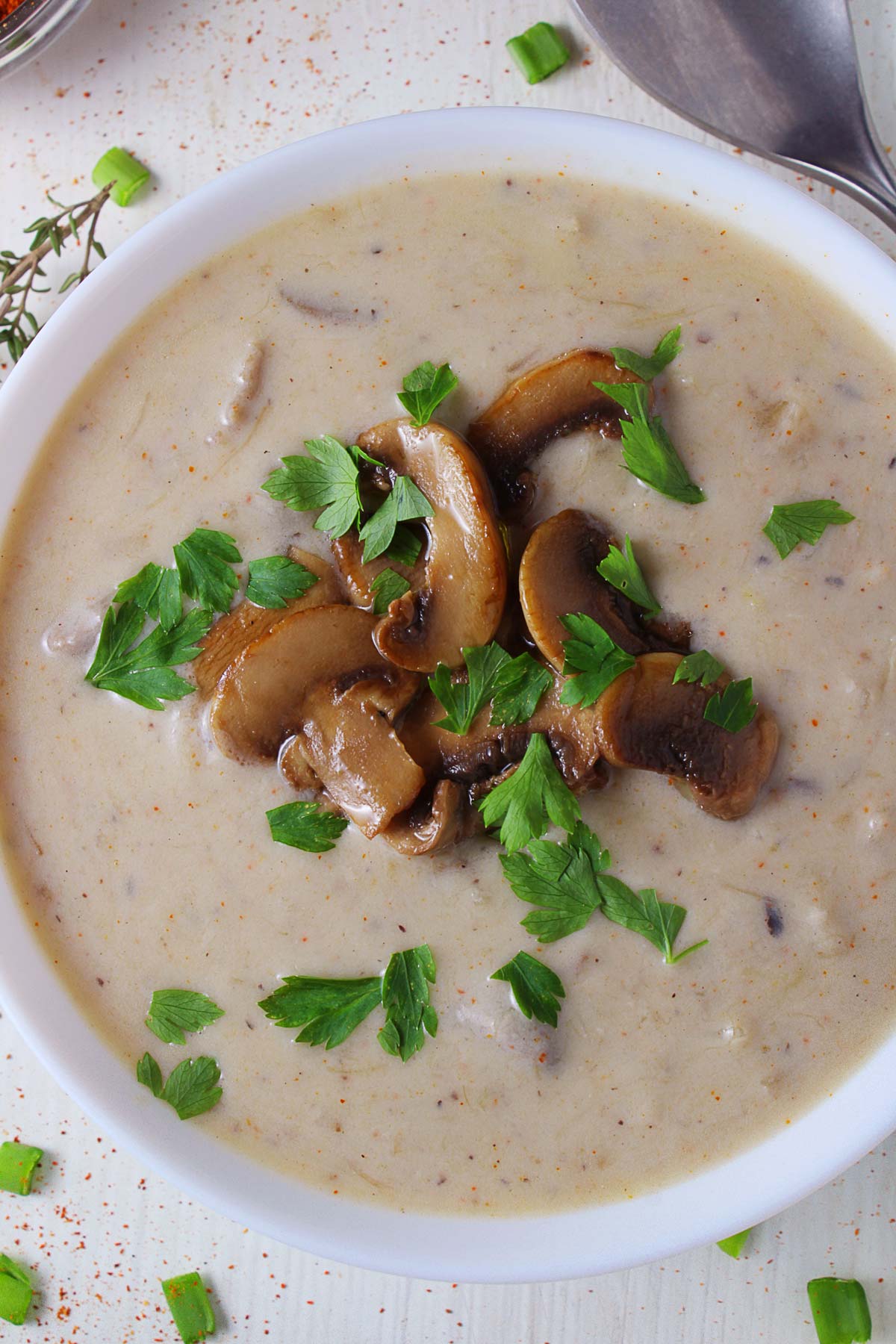 A close-up photo over a bowl with mushroom and leek soup.