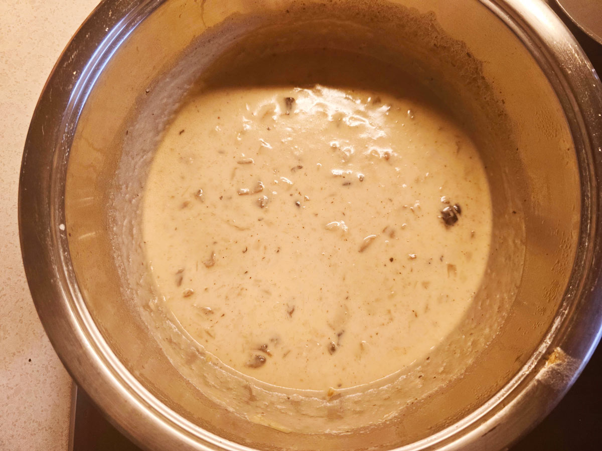 Mushroom and leek soup in a big pot ready to be served.