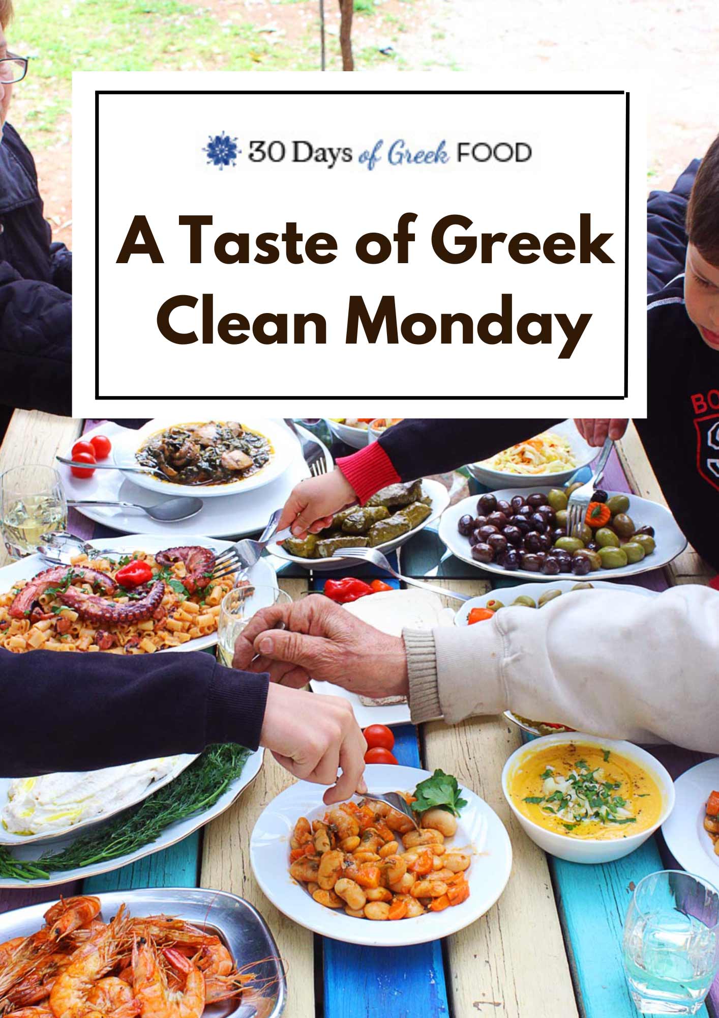 The cover of the ebook "A Taste of Greek Clean Monday" featuring a family eating food around the table outdoors.